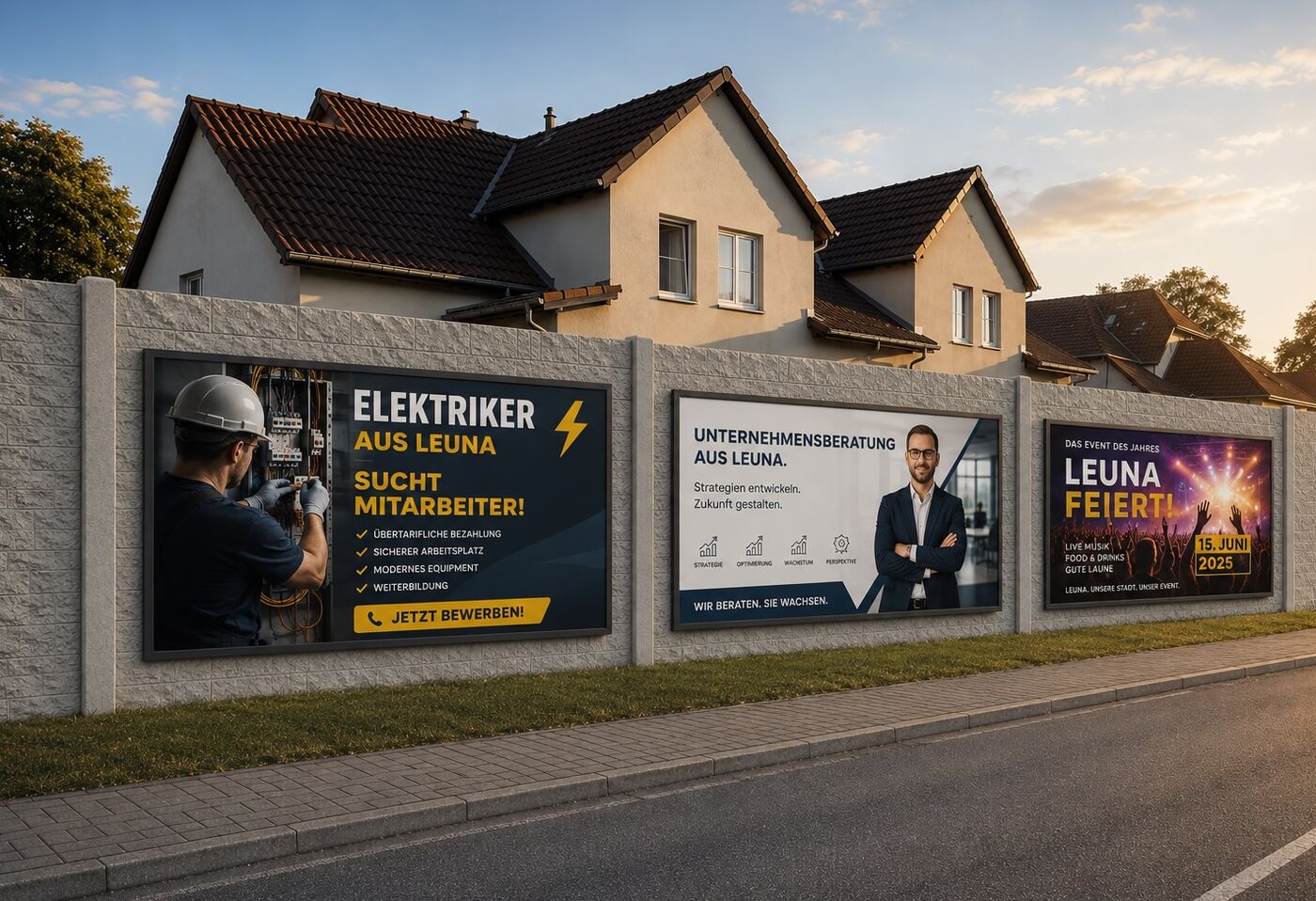 Drei Werbetafeln an einer Mauer direkt an der Hauptstraße in Leuna (Schenkhof/Rampitz)