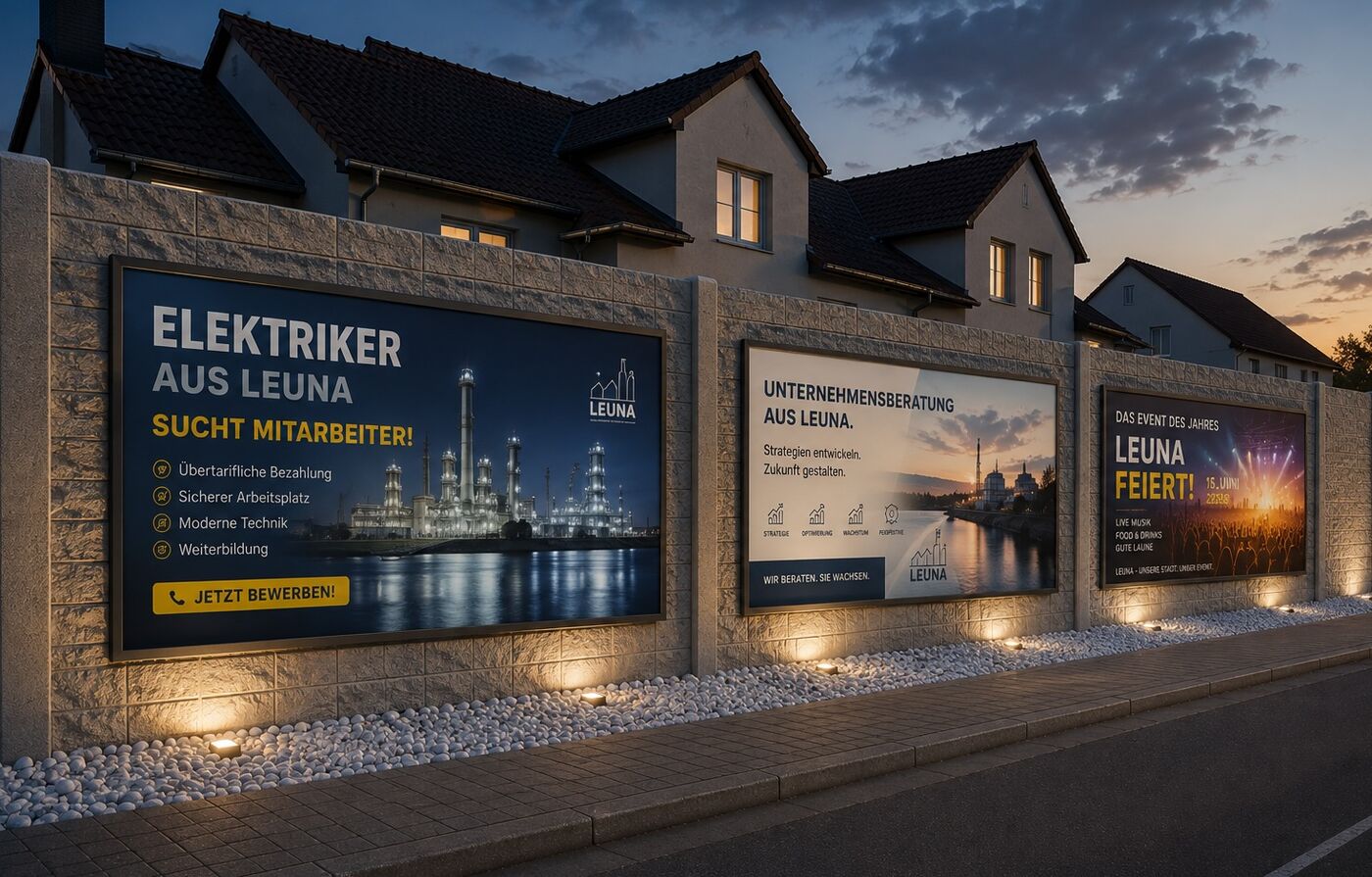 Drei beleuchtete Werbetafeln an einer Hausfassade in Leuna bei Dämmerung
